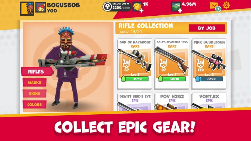 The rifle collection screen with rarity cards, captioned “Collect epic gear”.