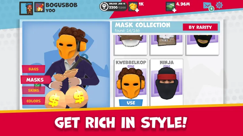 The mask collection screen, captioned “Get rich in style”.