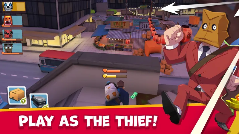 A thief in a paper-bag mask running across rooftops, captioned “Play as the thief”.