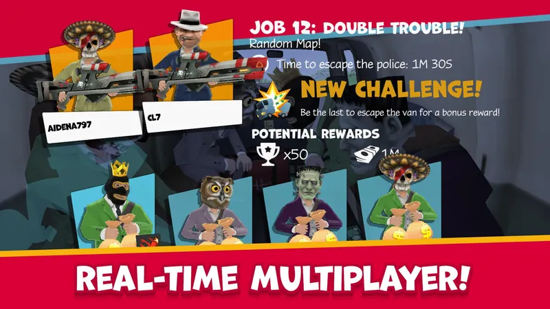 A job lobby with players and rewards, captioned “Real-time multiplayer”.