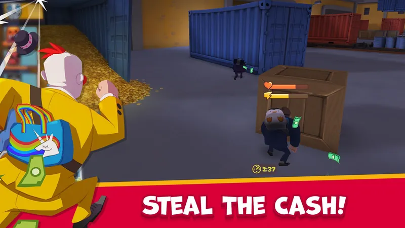 A clown-masked thief running toward a pile of cash, captioned “Steal the cash”.