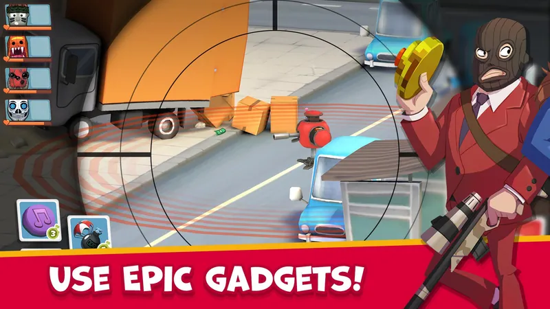 Scope view of a street as a thief throws a gadget, captioned “Use epic gadgets”.