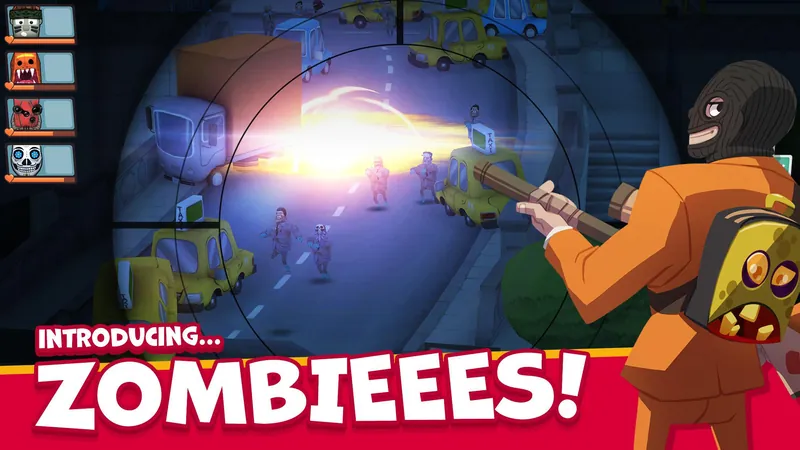 A night street full of zombies seen through a scope, captioned “Introducing zombies”.