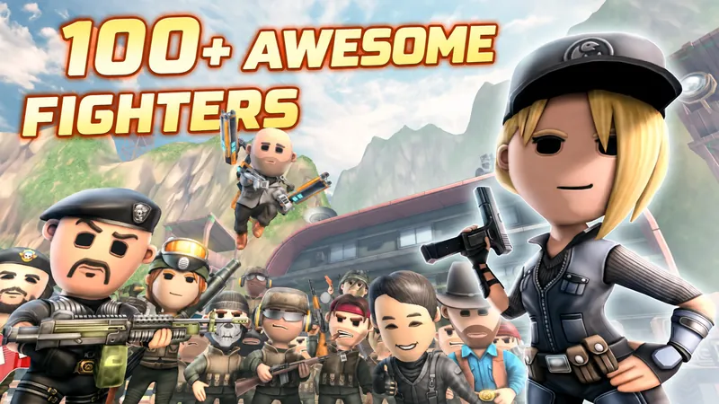 Promo art: a crowd of soldiers led by a blonde commando in a cap, captioned “100+ awesome fighters”.