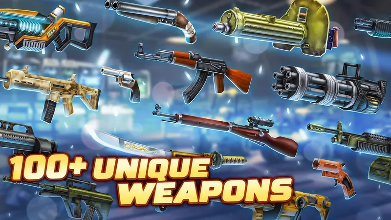 Promo art: rifles, shotguns, a minigun and a katana, captioned “100+ unique weapons”.