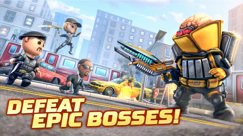 Promo art: the squad fighting a giant armoured boss on a city street, captioned “Defeat epic bosses”.