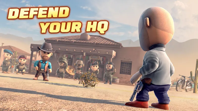 Promo art: the squad defending a desert headquarters, captioned “Defend your HQ”.