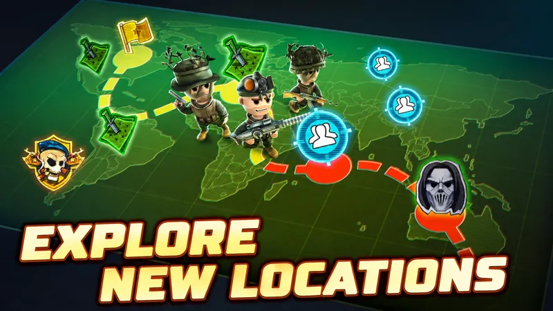 Promo art: the campaign world map with squad markers, captioned “Explore new locations”.