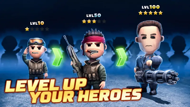 Promo art: one hero shown at levels 10, 50 and 100, captioned “Level up your heroes”.